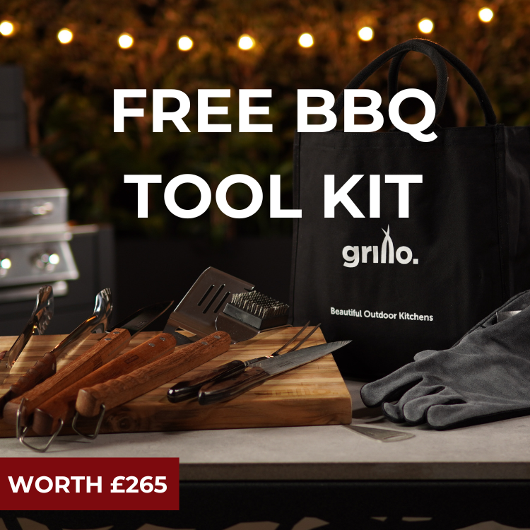 Grillo offers for beautiful outdoor kitchens. Free BBQ Tool Kit.