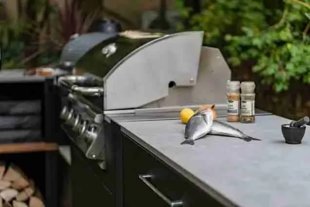 fish and lemons on grillo kitchen worksurface next to bull gas bbq unit