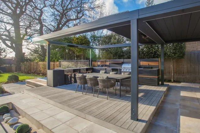 Outdoor kitchen in Stoke D'Abernon, Cobham garden with outdoor table and seating