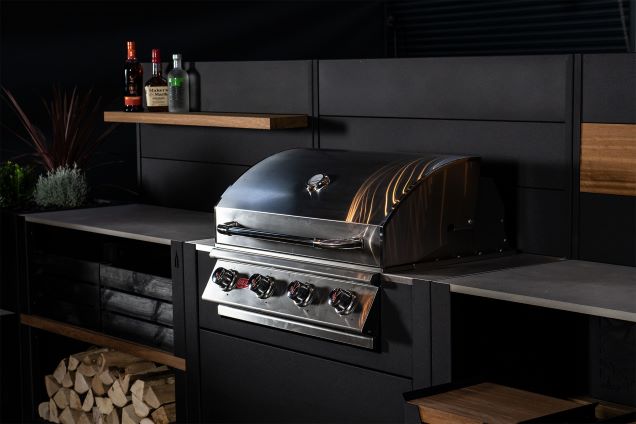 Grillo outdoor kitchen with Bull gas grill in dark studio