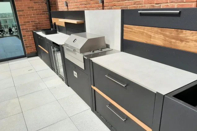 Outdoor kitchen in Avebury, Milton Keynes on roof terrace with electric Voltiq bbq