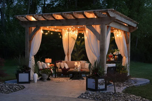 Wooden garden feature with lights