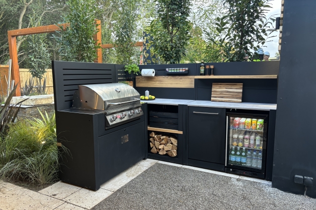 outdoor kitchen with bbq, fridge and storage