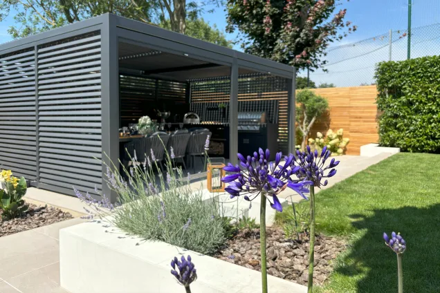 Outdoor kitchen in Burwell, Cambridge in garden with flowers