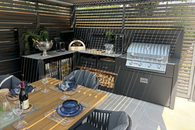 Outdoor kitchen in Burwell, Cambridge with Pizza oven and gas bbq