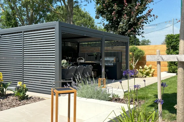 Outdoor kitchen in Burwell, Cambridge under pergola