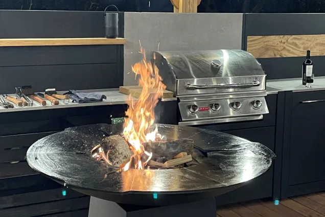 Chef's Anvil hotplate BBQ greased up and lit in outdoor kitchen in Little Marlow
