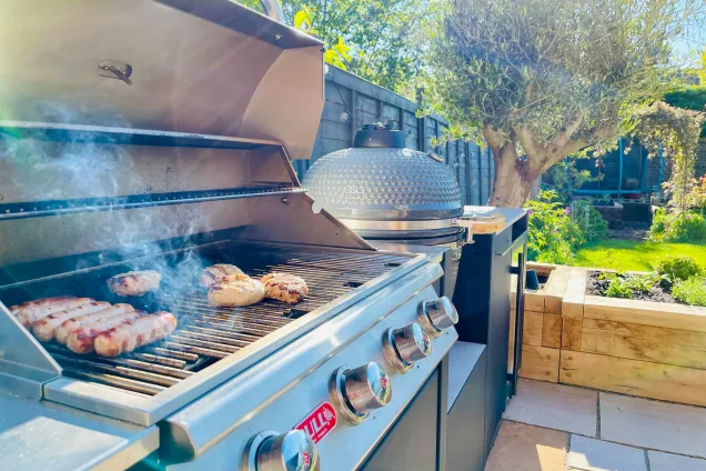 Outdoor kitchen in linton with meat on gas bbq and gusto bbq