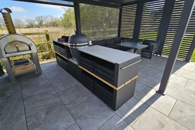 Outdoor Kitchen in Hathern with seating area on patio with Gusto bbq