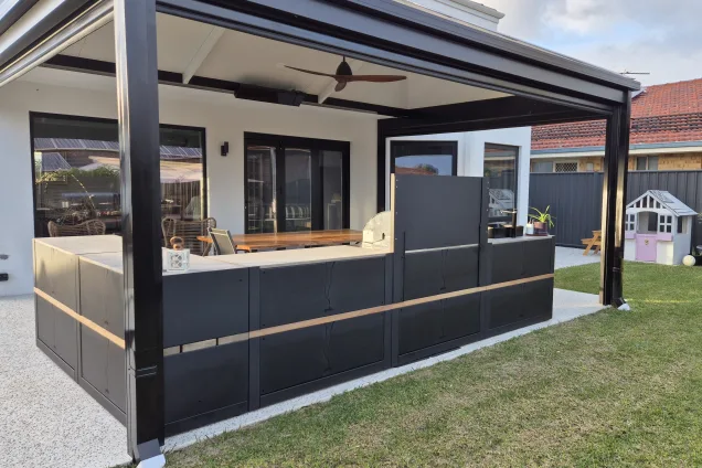 backside view of outdoor kitchen under roof on patio in Gwelup, Perth, WA