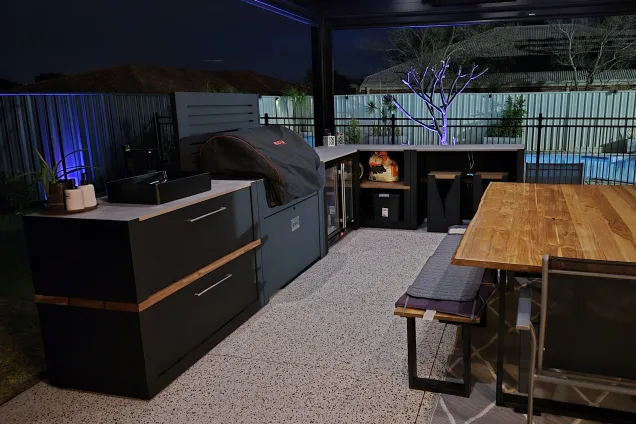 outdoor kitchen at night in Gwelup, Perth, WA