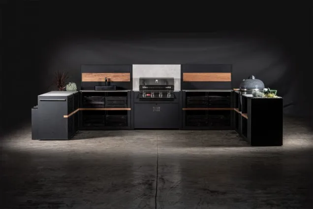 outdoor kitchen with storage cabinets, gas bbq and gusto charcoal bbq