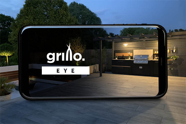 configurator graphic on phone overlayed over outdoor kitchen area