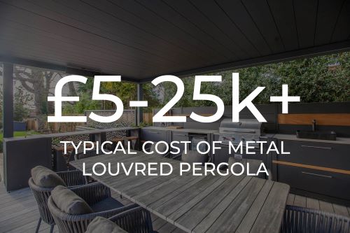 outdoor kitchen with graphic overlay saying " £5-25k is the typical cost of a metal louvred pergola"