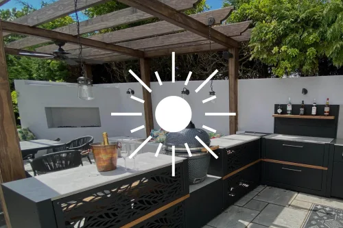 Outdoor kitchen with sun graphic overlay