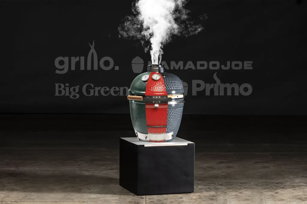 three egg bbqs photoshopped into one with smoke coming out of it
