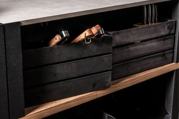 Outdoor kitchen black wooden crates with bbq tools in them