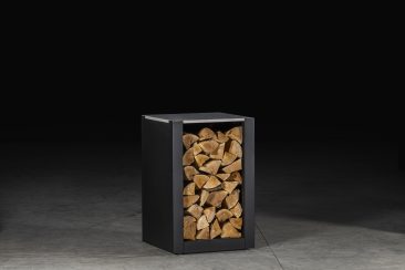 outdoor kitchen tall square storage unit with logs in storage space