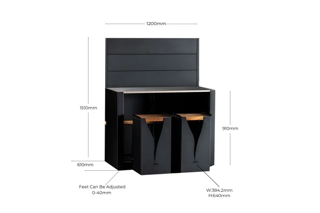 graphic of bar table with dimensions and features annotated on it