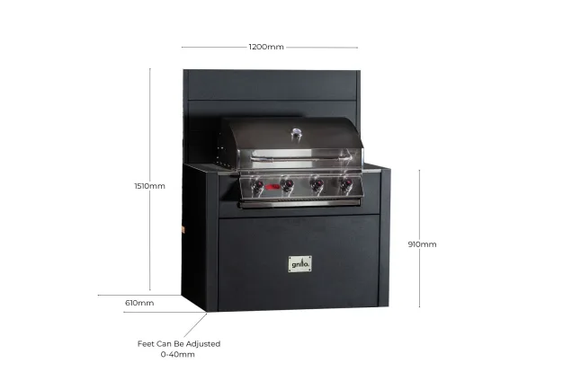 gas station graphic with dimensions of the cabinet and the bbq