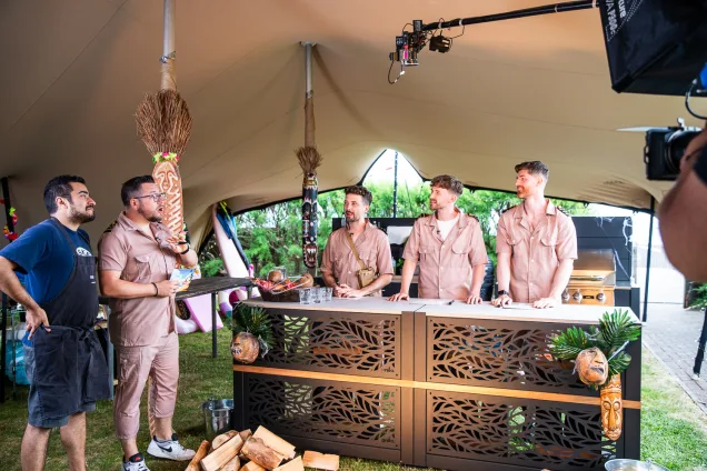 sorted food cast standing around grillo outdoor kitchen