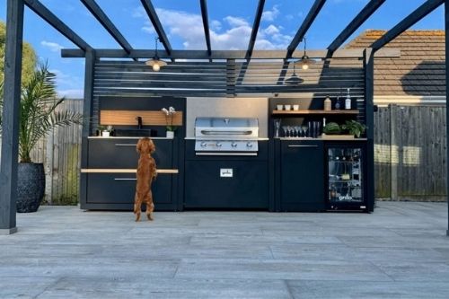Dog standing up against outdoor kitchen on decking