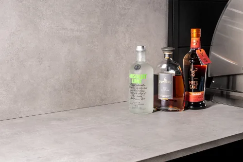 drinks on grillo cabinet top and porcelain feature wall