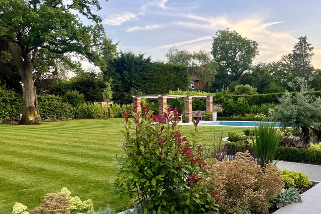 large garden with patio and landscaped plants