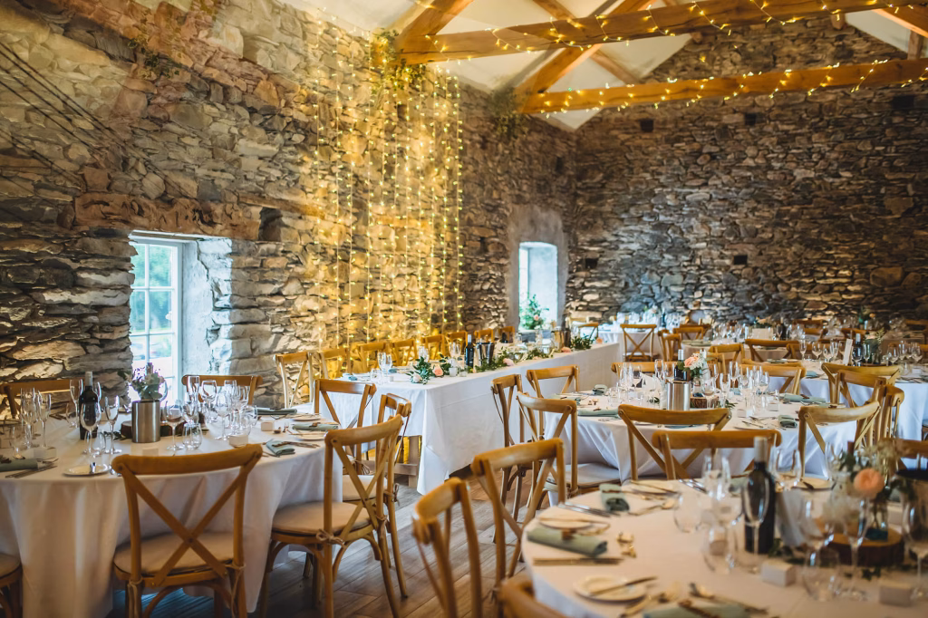 town head estate wedding barn with tables and chairs set for event