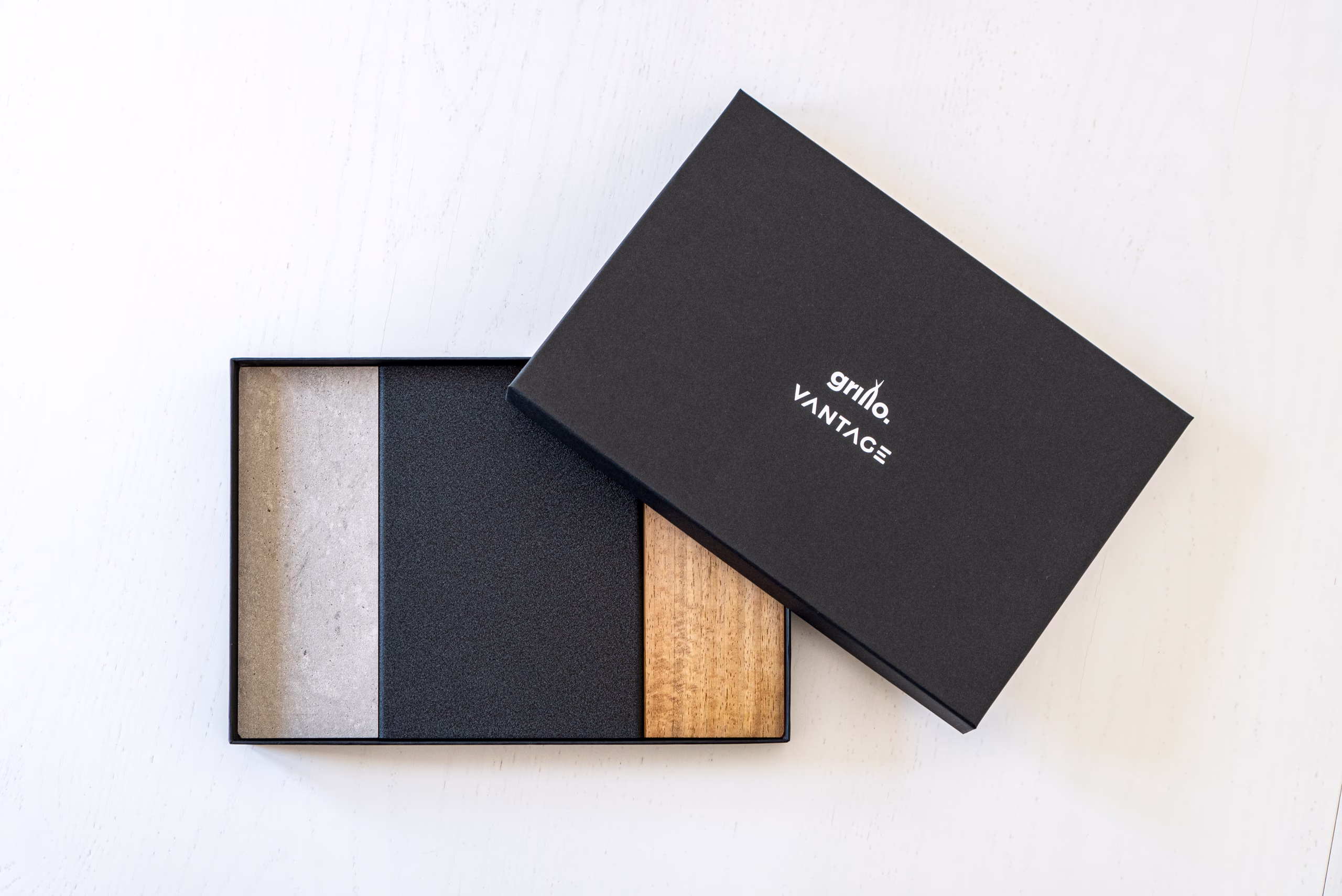 The Grillo Vantage Sample Pack, demonstrating the three primary materials of a Grillo kitchen