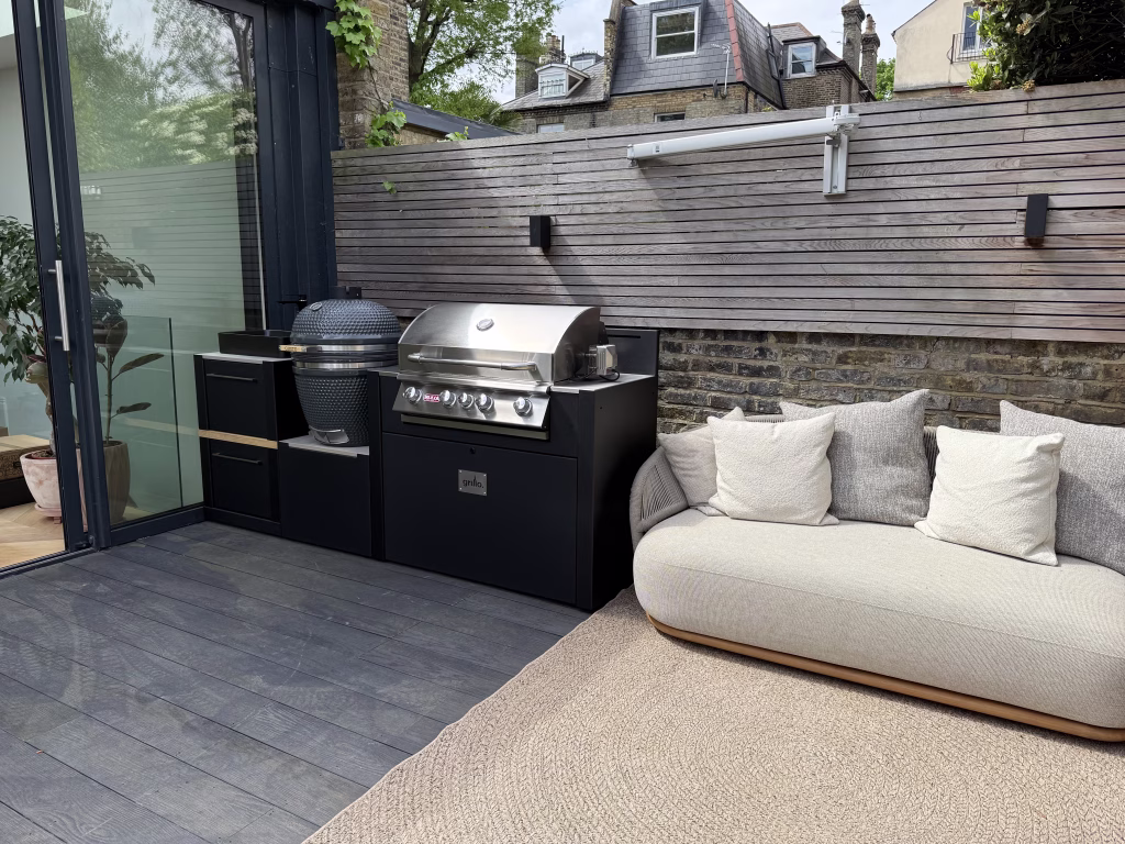 outdoor kitchen with bull gas grill station and gusto charcoal bbq